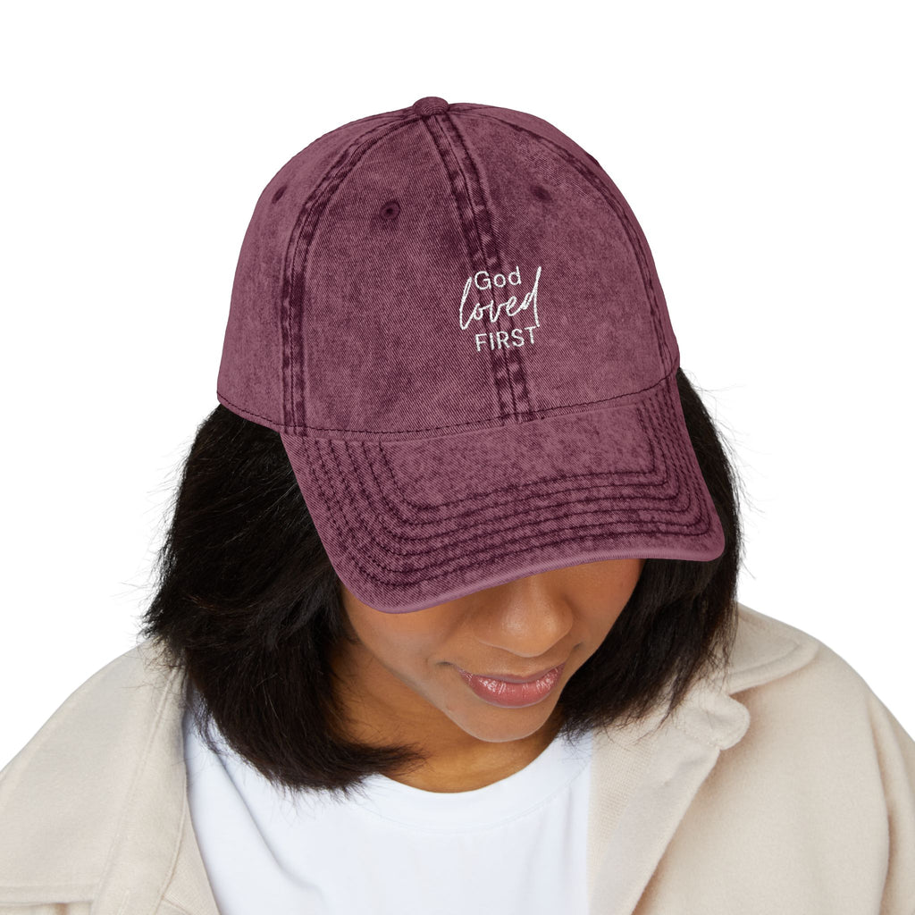 Embroidered ‘God loved first’ Vintage Washed Cap
