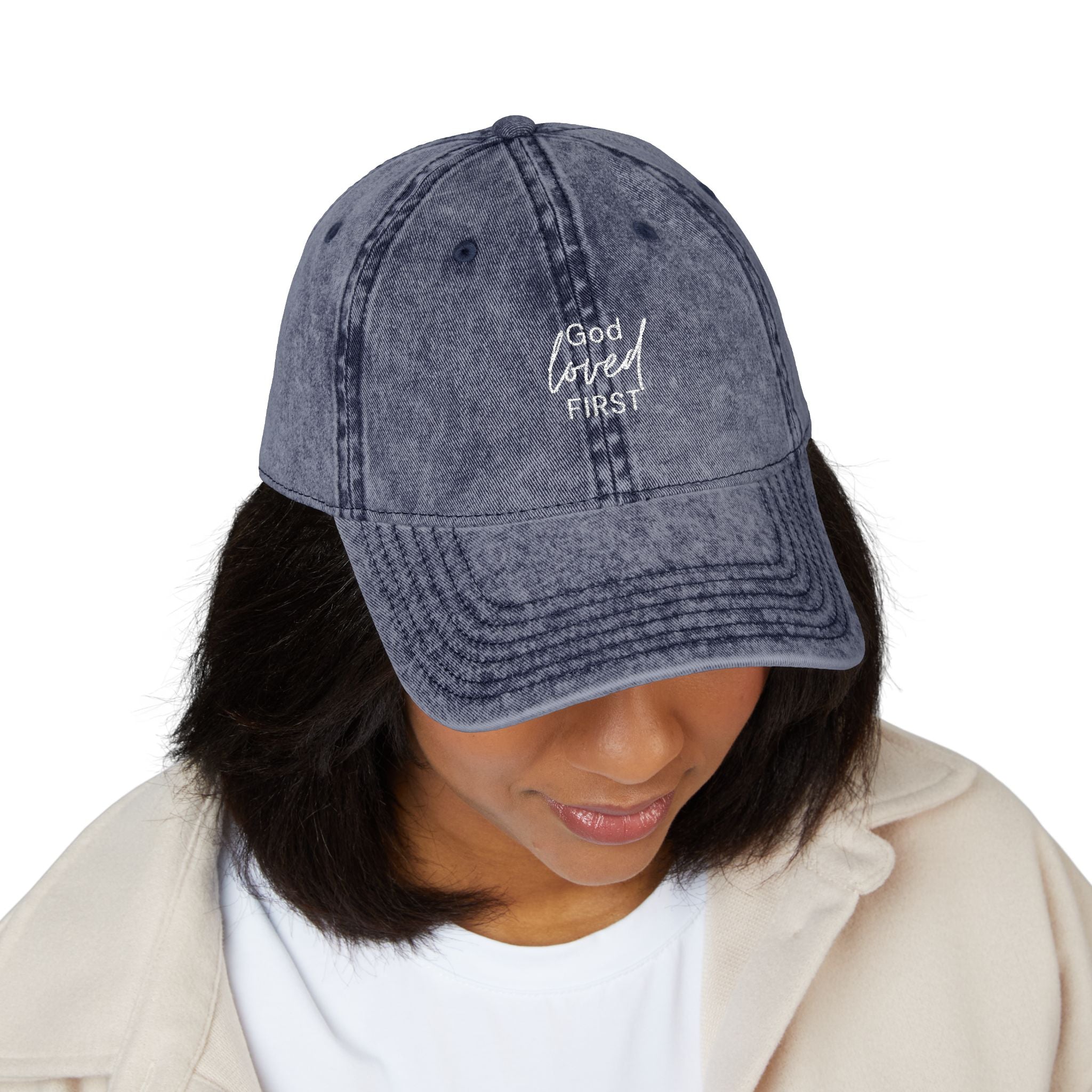 Embroidered ‘God loved first’ Vintage Washed Cap