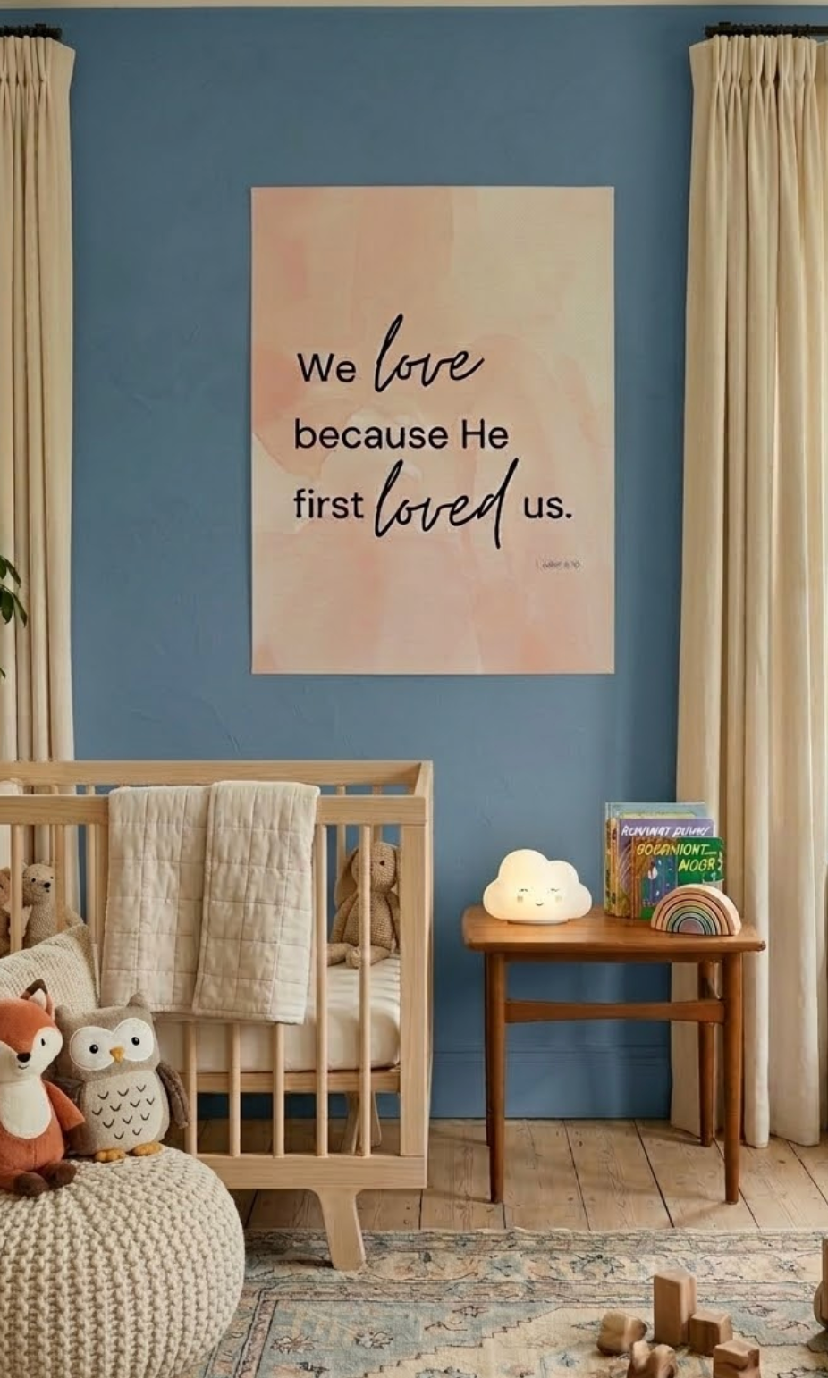 Satin Poster – "We Love Because He First Loved Us" Christian Scripture Wall Art