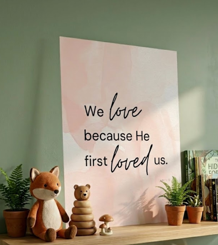 Satin Poster – "We Love Because He First Loved Us" Christian Scripture Wall Art