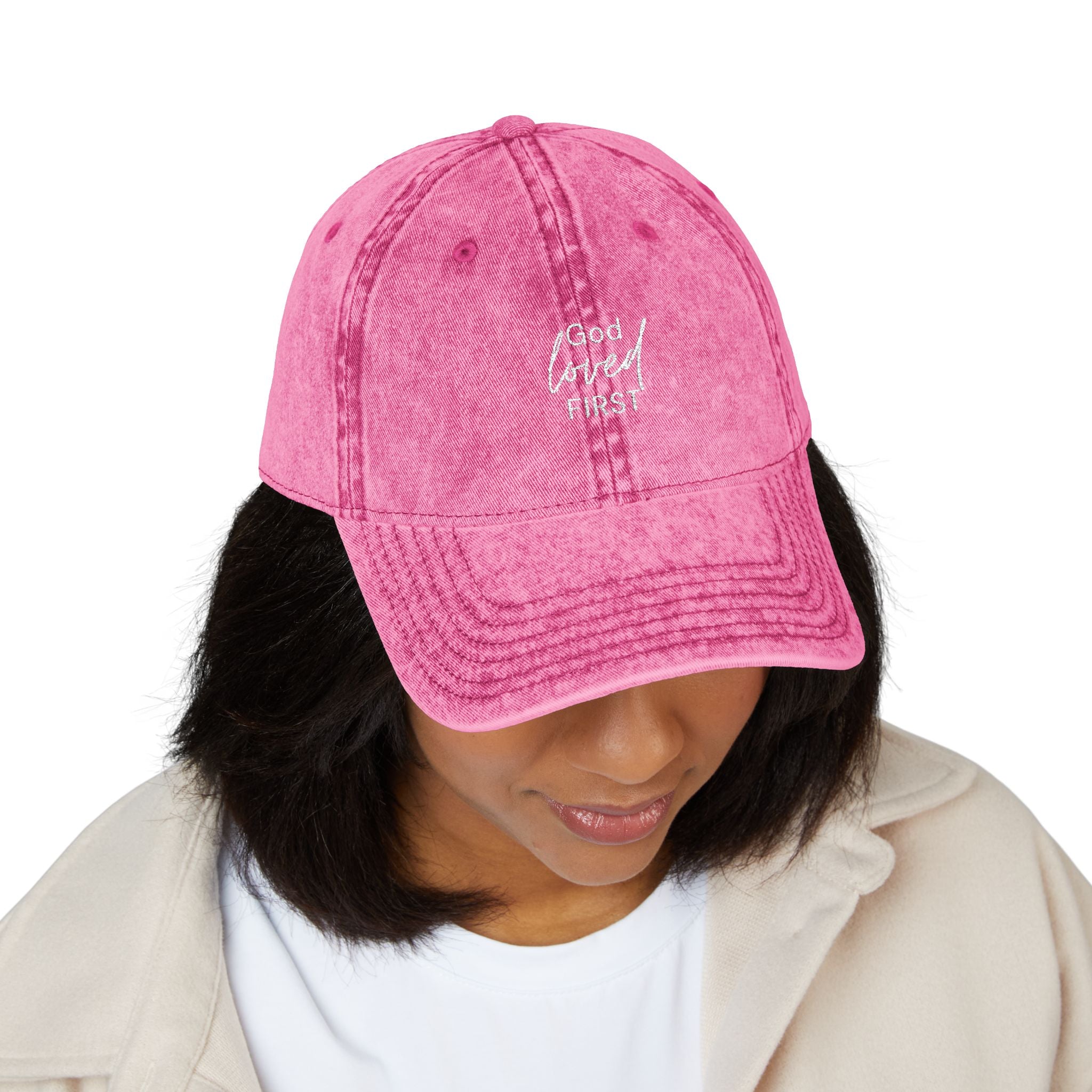 Embroidered ‘God loved first’ Vintage Washed Cap