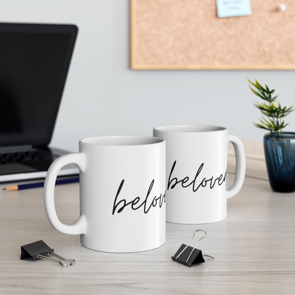 Beloved Script Ceramic Mug — Minimalist Handwritten Coffee Cup (11oz & 15oz)