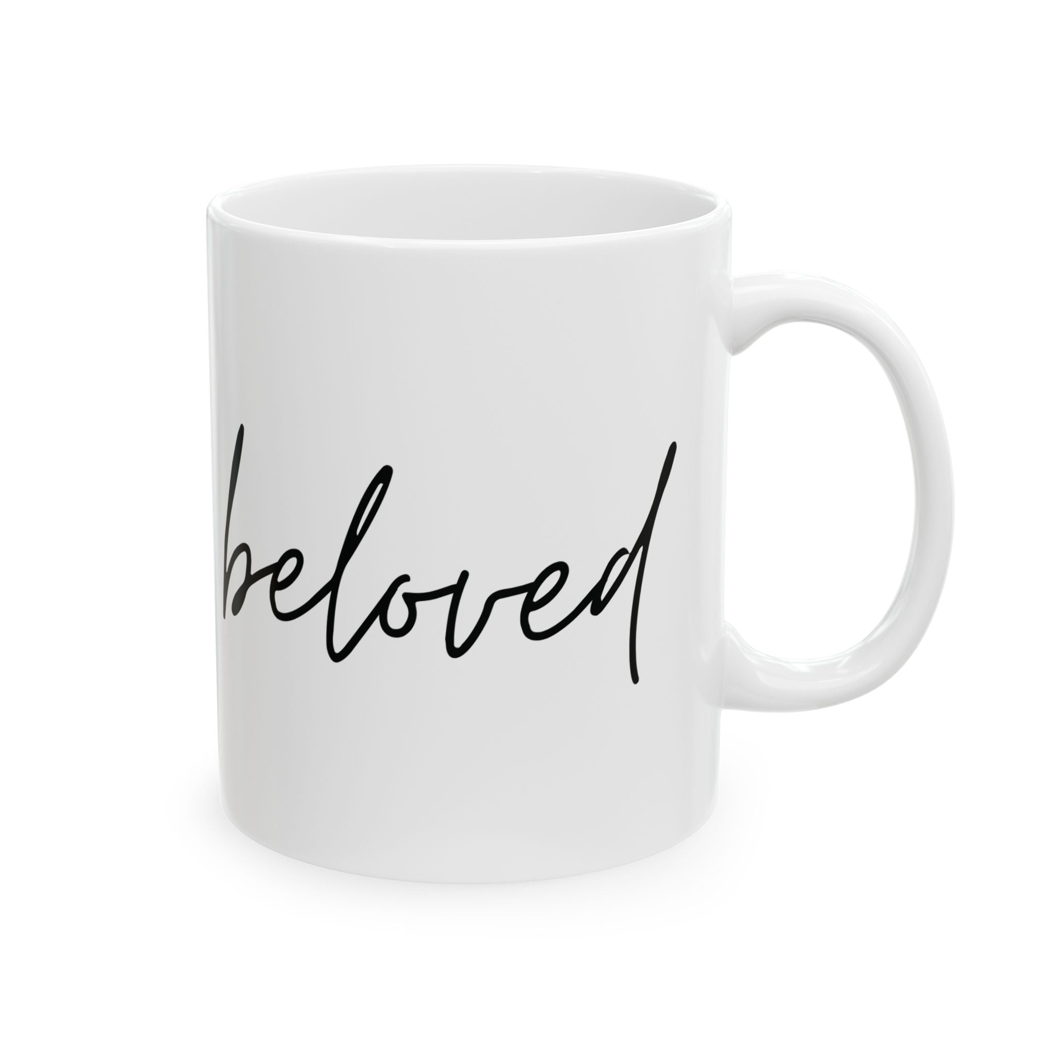 Beloved Script Ceramic Mug — Minimalist Handwritten Coffee Cup (11oz & 15oz)