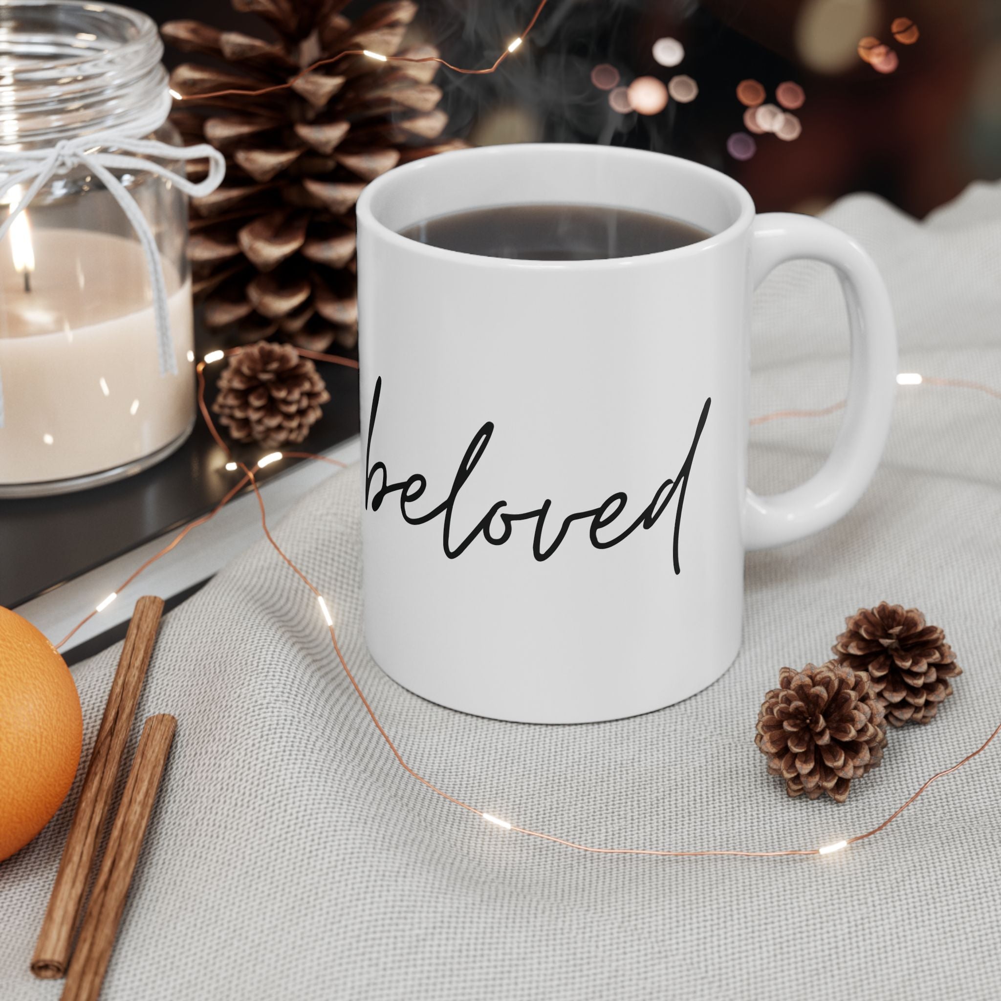 Beloved Script Ceramic Mug — Minimalist Handwritten Coffee Cup (11oz & 15oz)